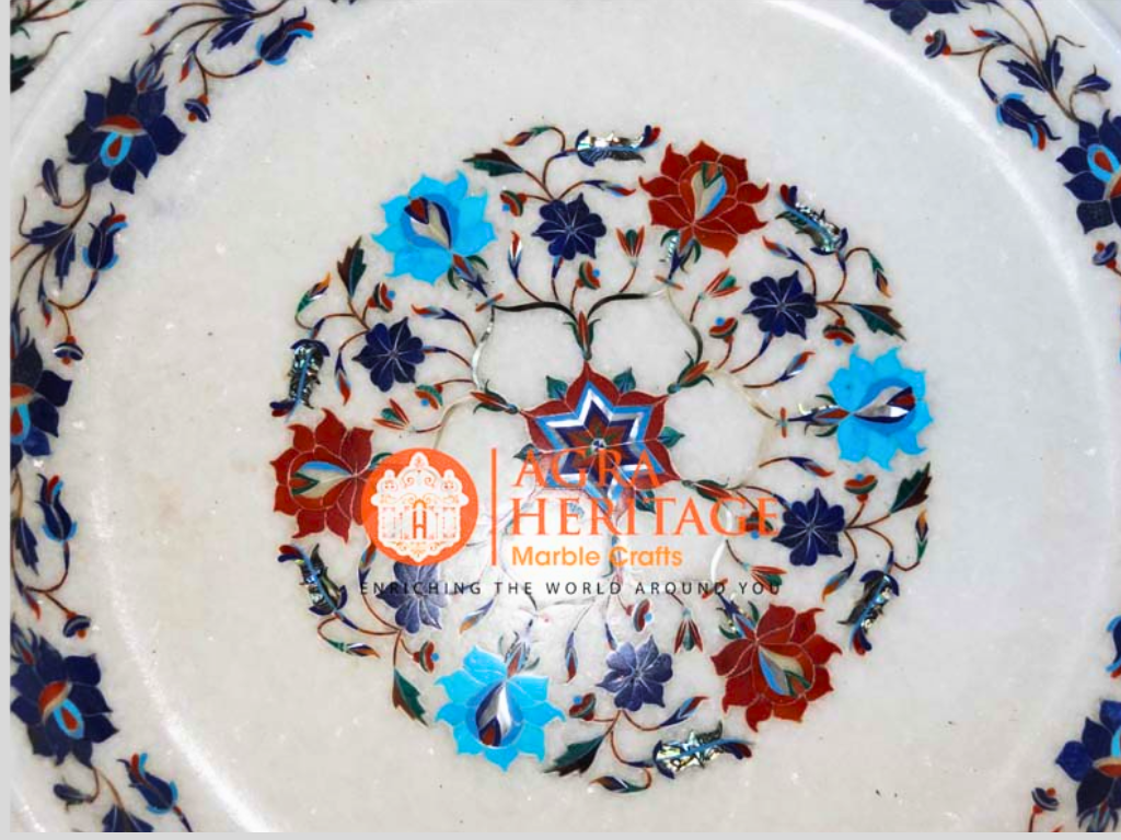 Marble Inlay Bowl Lapis Carnelian Turquoise Floral Multi Inlaid